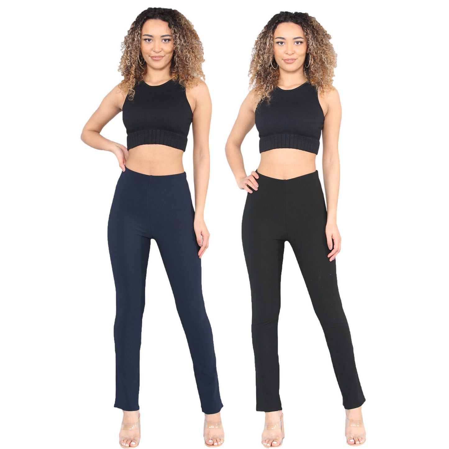 2 PACK WOMENS BOOTLEG TROUSERS LADIES BOOTCUT STRETCH FINELY RIBBED WORK BOTTOMS