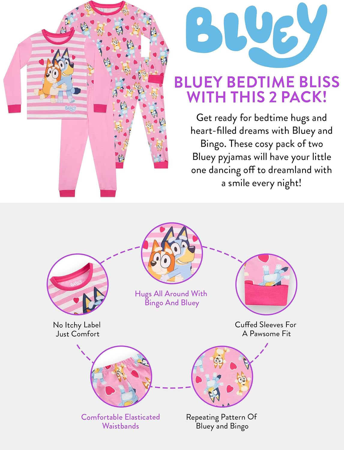 Pyjamas 2 Pack | Bingo Girls Pyjamas | Girls’ Pyjama Sets | Pack of 2 Kids Pjs | Ages 18 Months to 8 Years