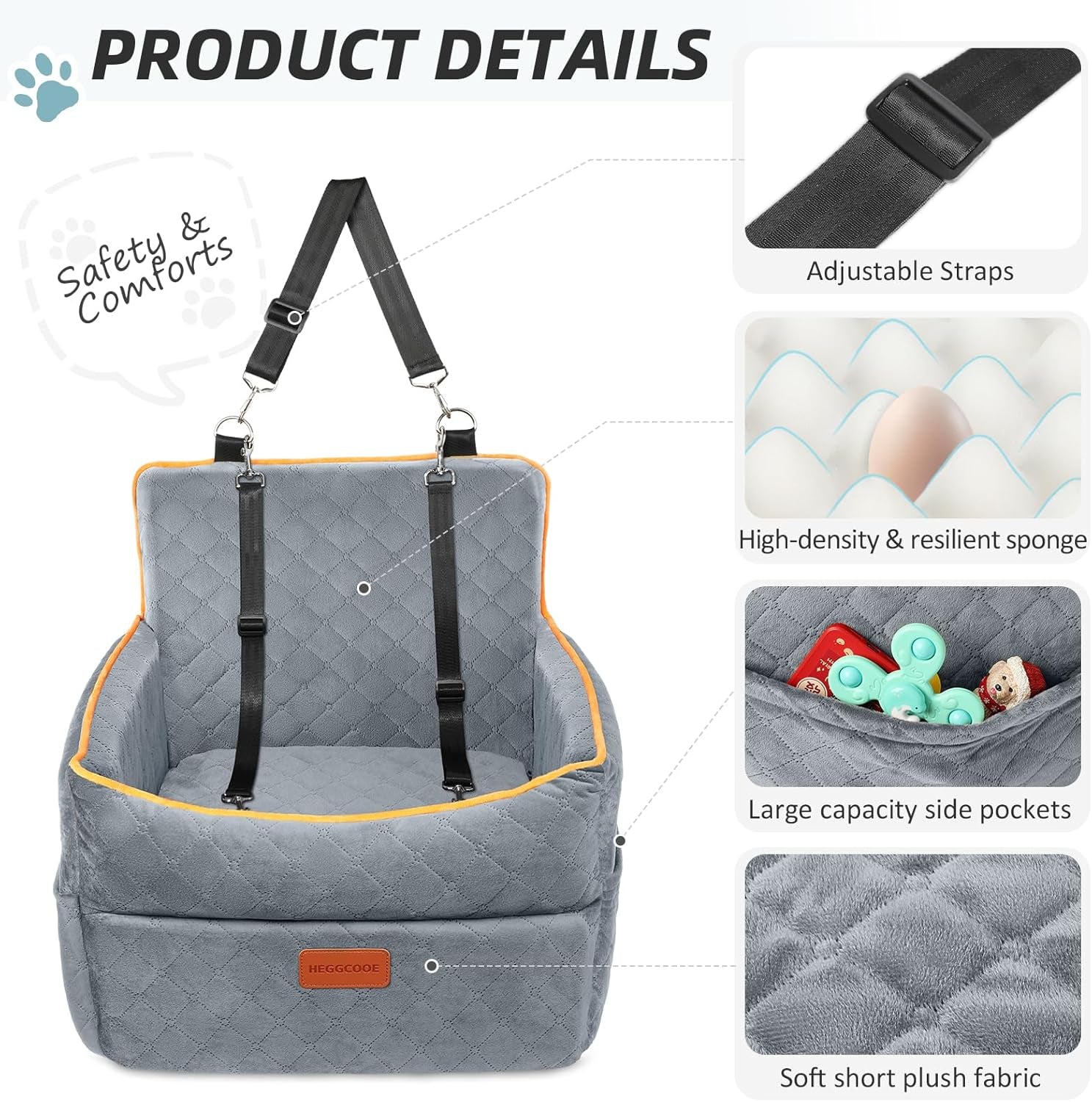 Small Dog Car Seat, Memory Foam Dog Booster Seats with Thick Cushion for Medium Dogs under 35Lbs, Detachable Washable Pet Car Seat with Storage Pockets,2 Safety Belts