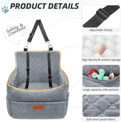 Small Dog Car Seat, Memory Foam Dog Booster Seats with Thick Cushion for Medium Dogs under 35Lbs, Detachable Washable Pet Car Seat with Storage Pockets,2 Safety Belts