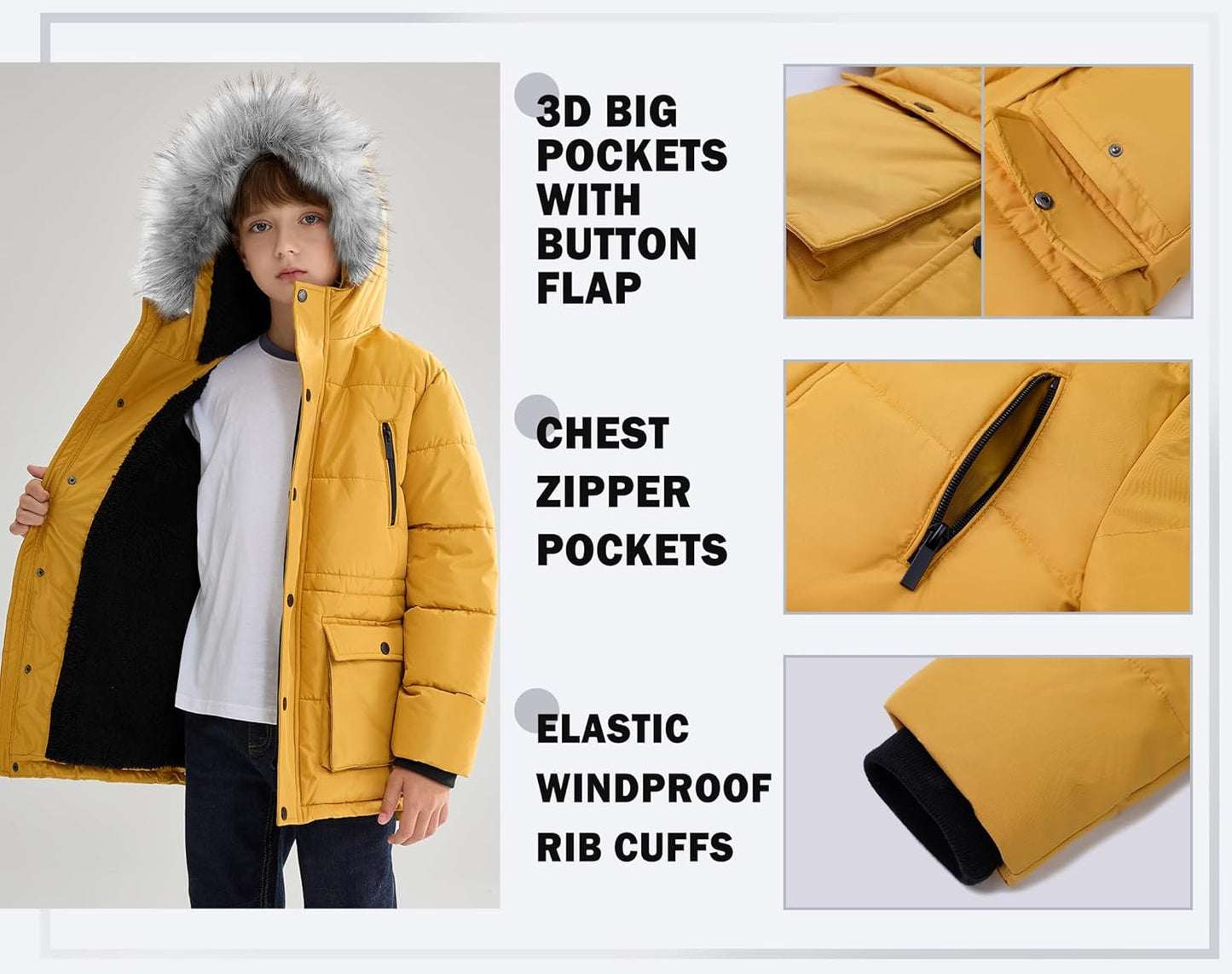 Boys Puffer Winter Coat Big Kids Heavyweight Sherpa Lined Fur Hooded Jacket Water-Resistant Snow Parka