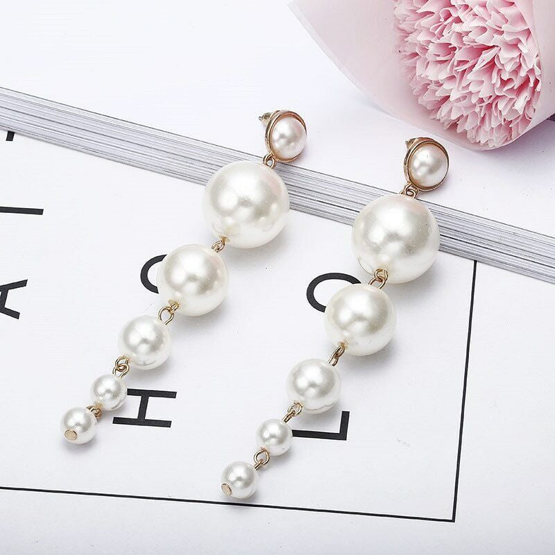 Elegant Long Simulated Pearl Drop Earrings for Weddings and Special Occasions