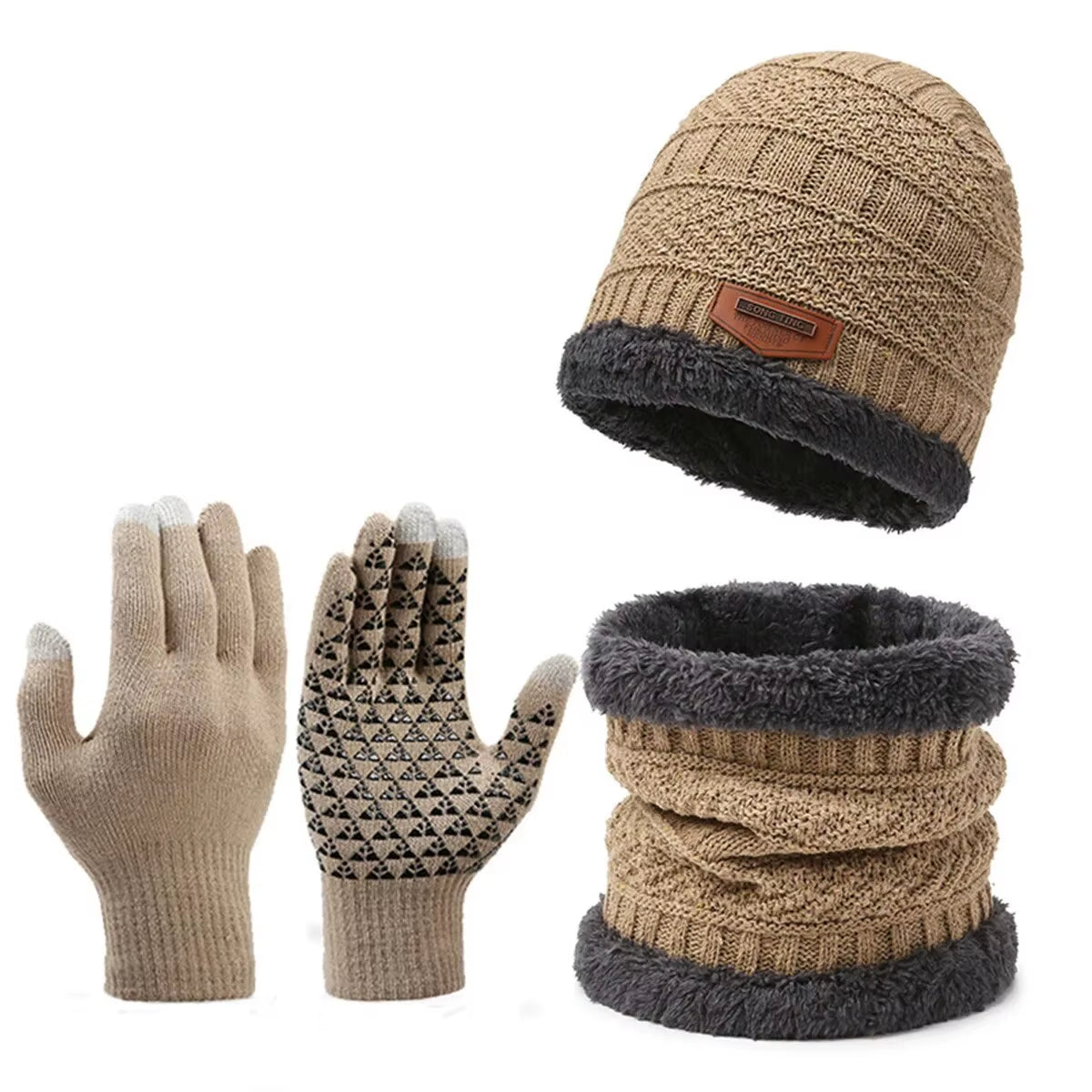 Men's Winter Knitted Hat with Cashmere, Windproof Scarf, and Gloves Set for Outdoor Travel and Leisure