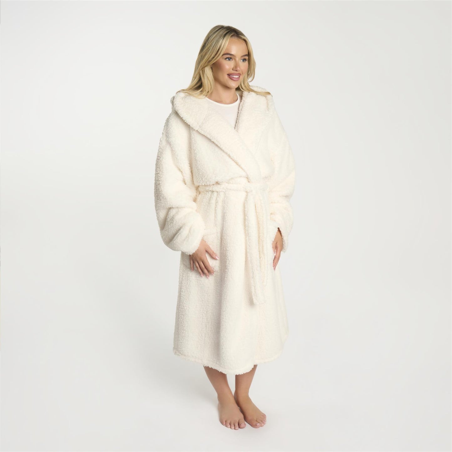 OHS Teddy Fleece Long Dressing Gown Ladies Warm House Coat Hooded Long Cosy Robe