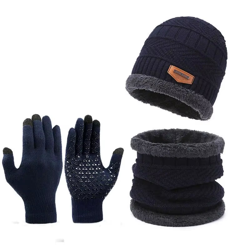 Men's Winter Knitted Hat with Cashmere, Windproof Scarf, and Gloves Set for Outdoor Travel and Leisure