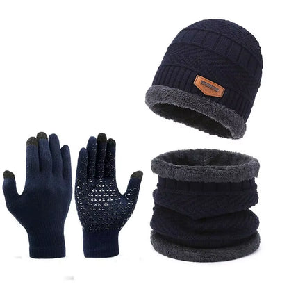 Men's Winter Knitted Hat with Cashmere, Windproof Scarf, and Gloves Set for Outdoor Travel and Leisure